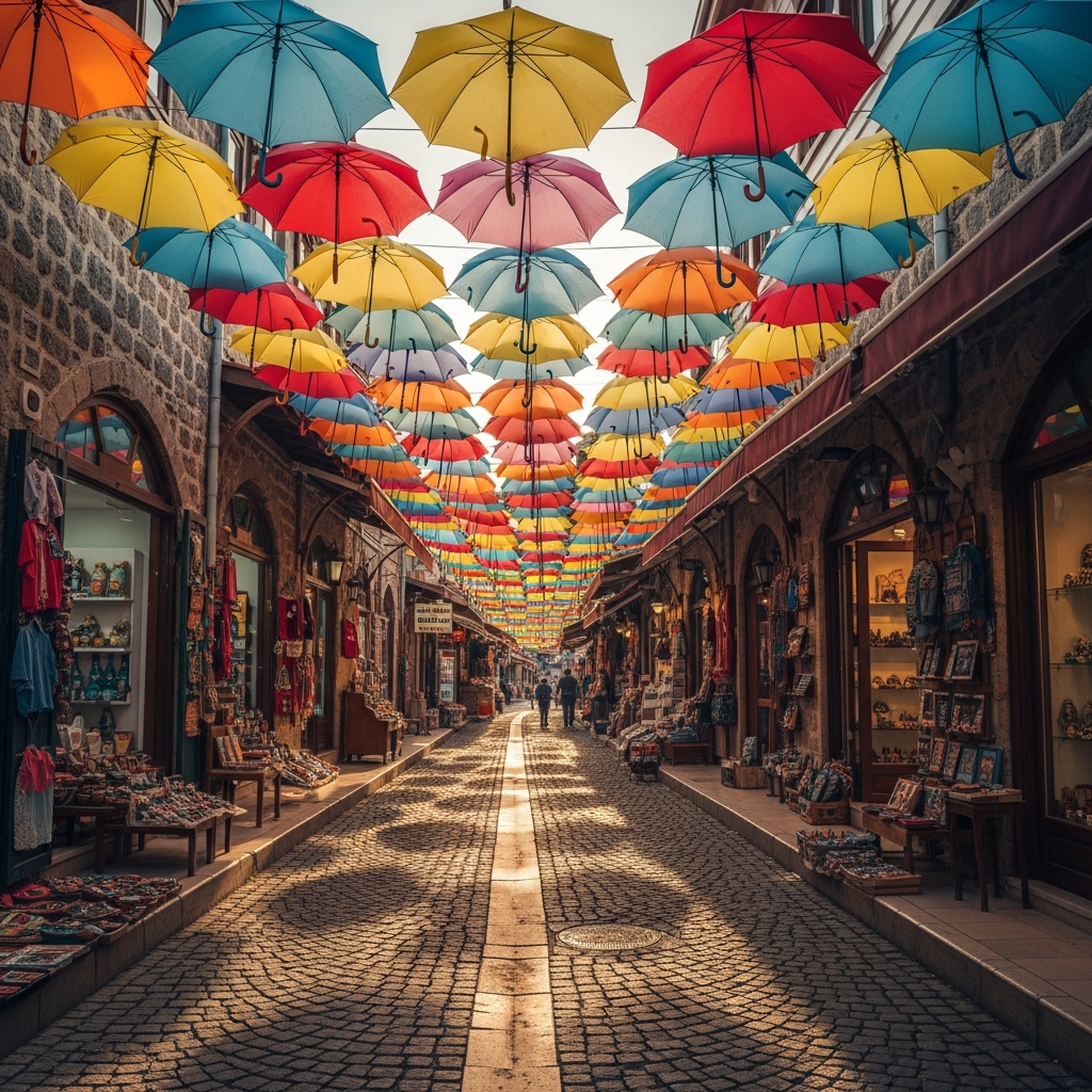 Fethiye Paspatur çarşısının renkli şemsiyeleri ve dar taş sokakları