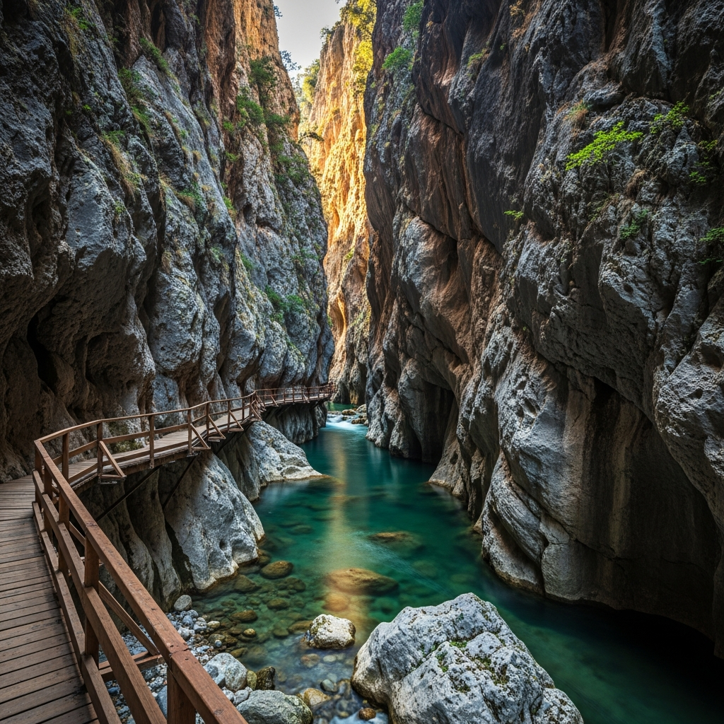 Devasa kayalıklar arasında akan Saklıkent kanyonu suları ve ahşap yürüme yolları