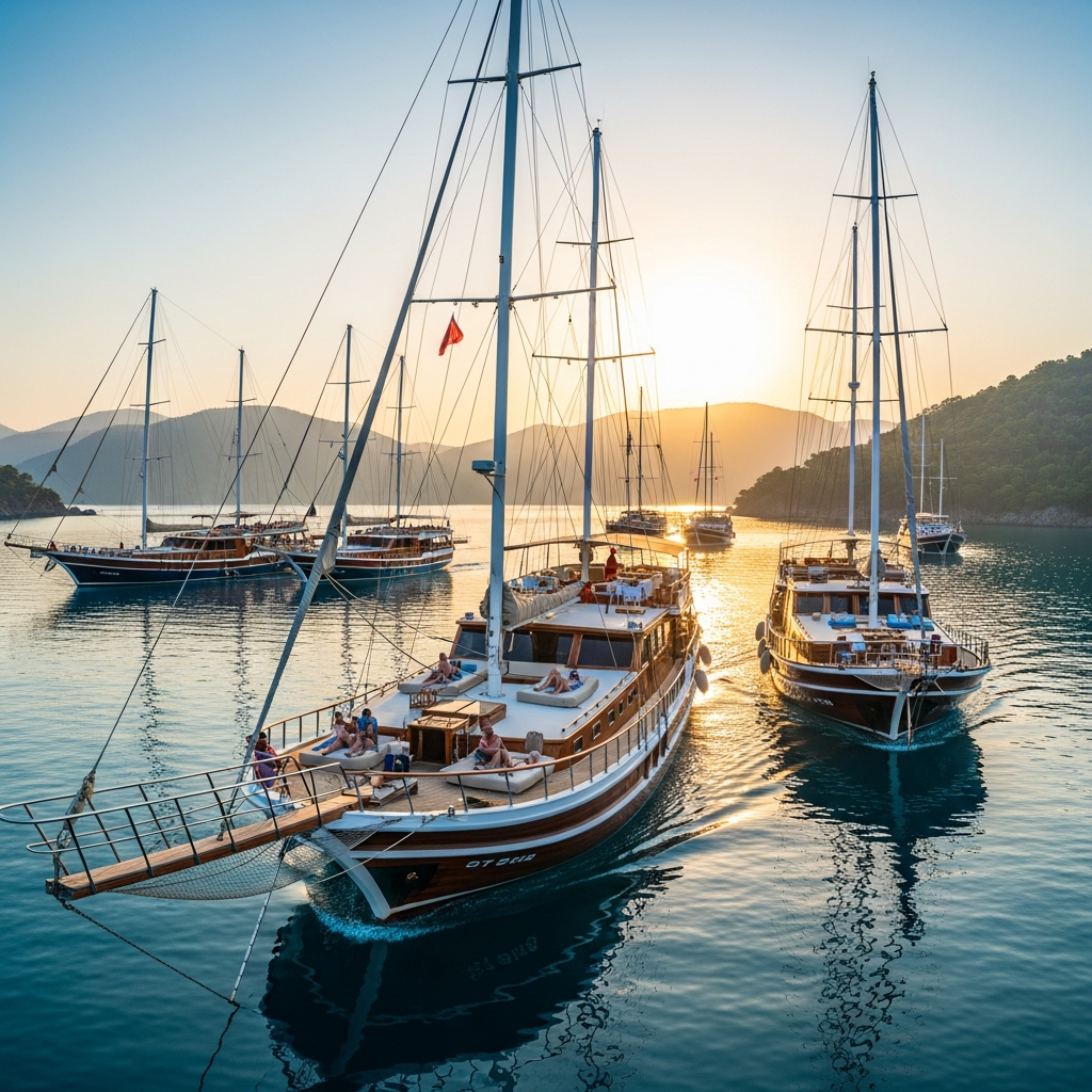 Fethiye Limanından kalkan dalgasız 12 adalar körfezinde yüzen devasa ahşap tatil tekneleri