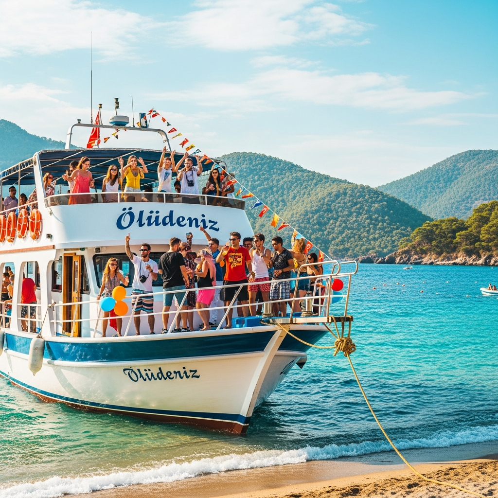 Açık ve dalgalı denizde Ölüdeniz kumsalından kalkan, gençlerin partiletiği çift katlı Ölüdeniz teknesi