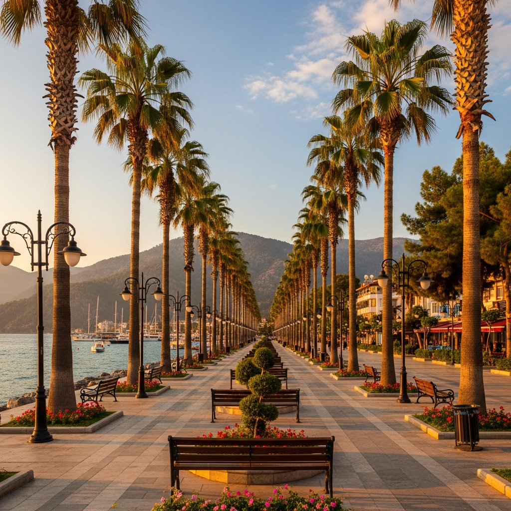 Fethiye'nin palmiye ağaçlarıyla çevrili uzun, huzurlu ve geniş yaya kordonu