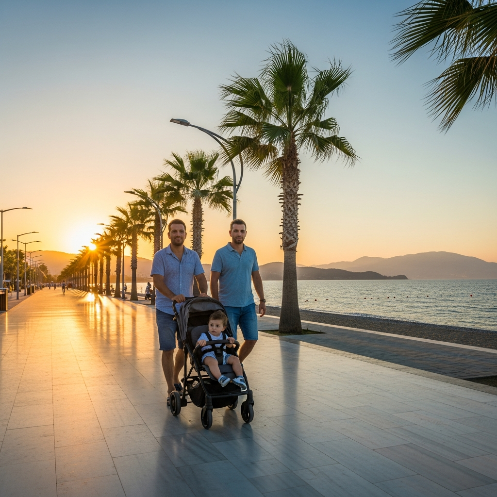 Çalış plajı Fethiye kordonunda bebeğini pusetle yürüten ebeveynler ve dümdüz mermer yollar