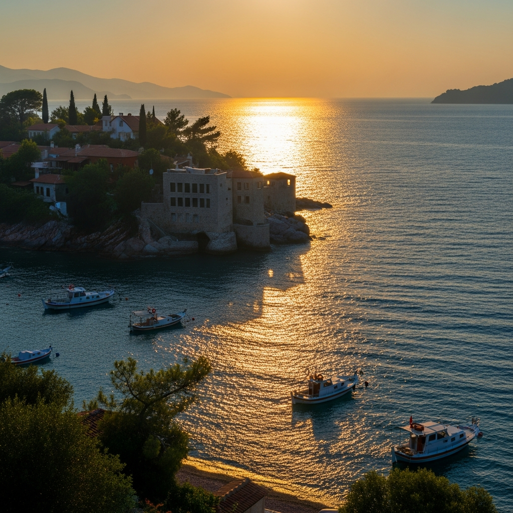 Sessiz ve araç trafiğine kapalı Şövalye Adasının teraslarından denize vuran son altın ışık yansımaları