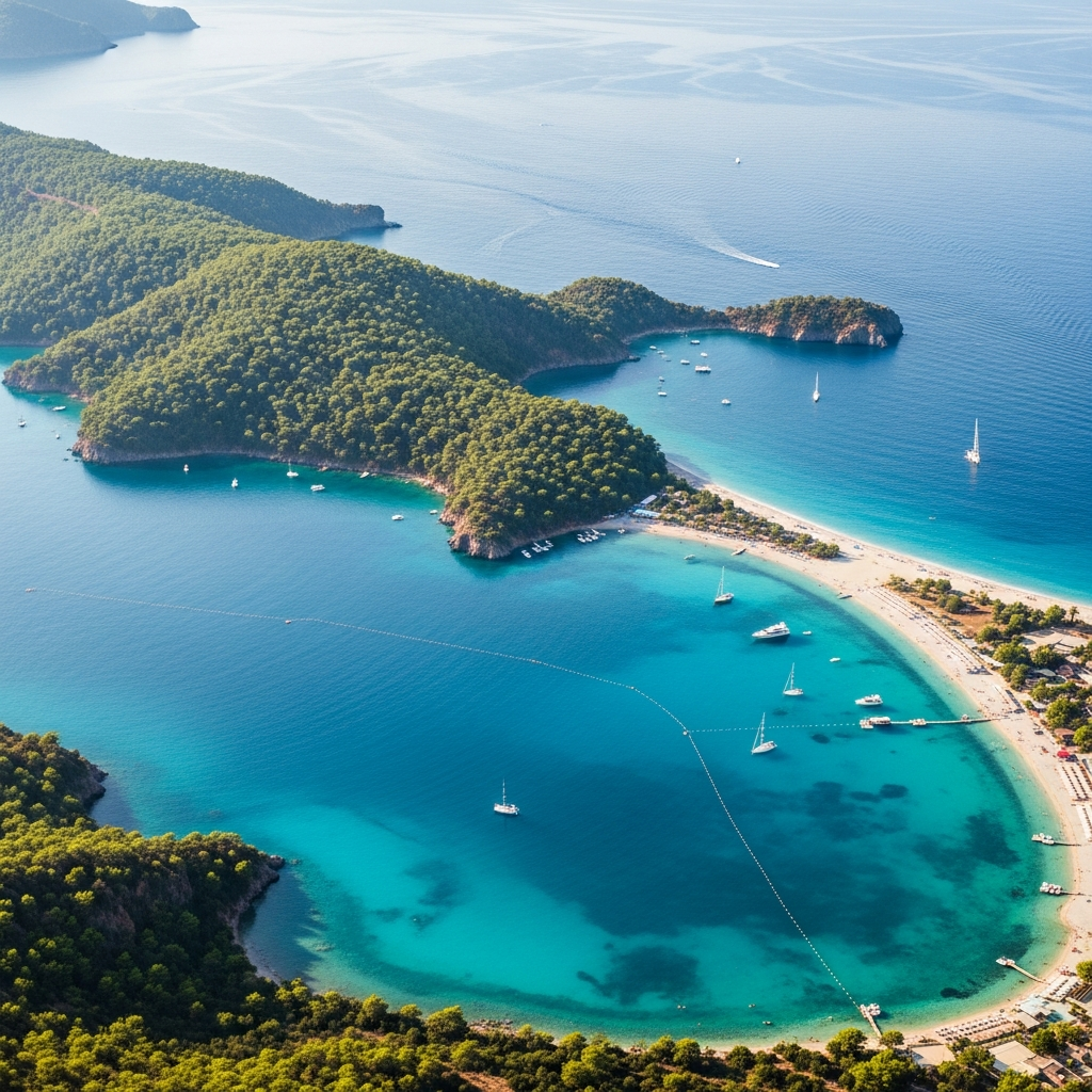 Ölüdeniz Kumburnu yarımadasının havadan o pürüzsüz göl gibi duran Mavi lagün suları