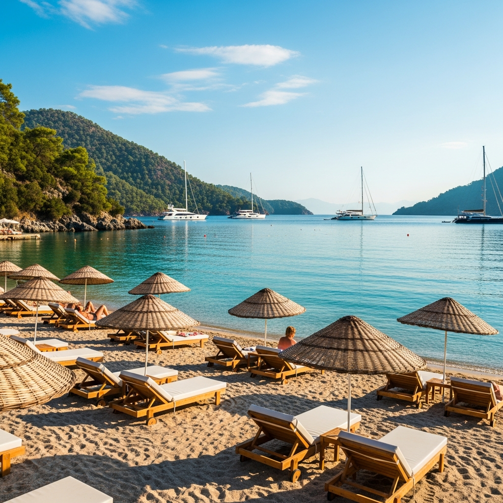 Ölüdeniz Kumburnu'nun sakin, turkuaz suları ve lüks şezlonglar