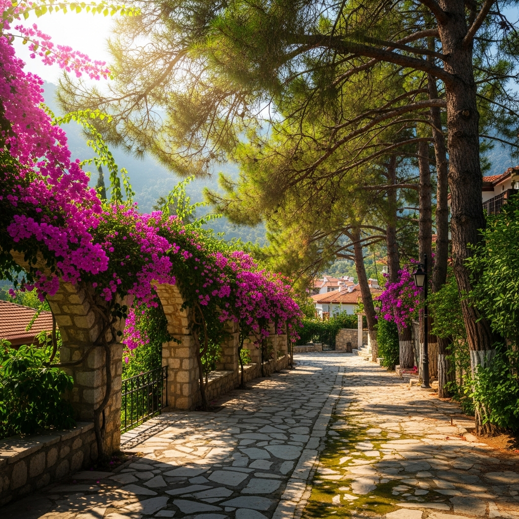 Hisarönü'nün çam ağaçları ve begonvillerle süslü yürüyüş yolları