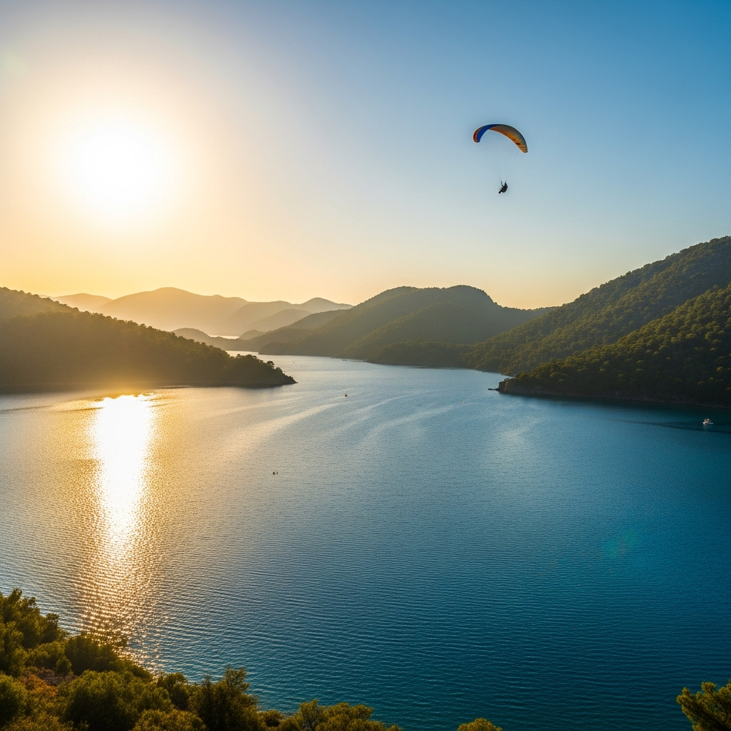 Ekim ayında Fethiye Ölüdeniz Lagününde sapsarı güneş ve masmavi durgun su, uçan yamaç paraşütçüsüyle