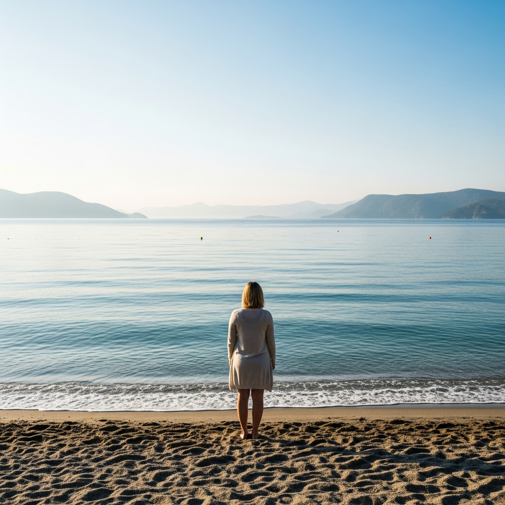 Mayıs ayında Fethiye sahilinde incecik bir hırkayla sabah denizine bakan sakin ve izole turist fotoğrafı