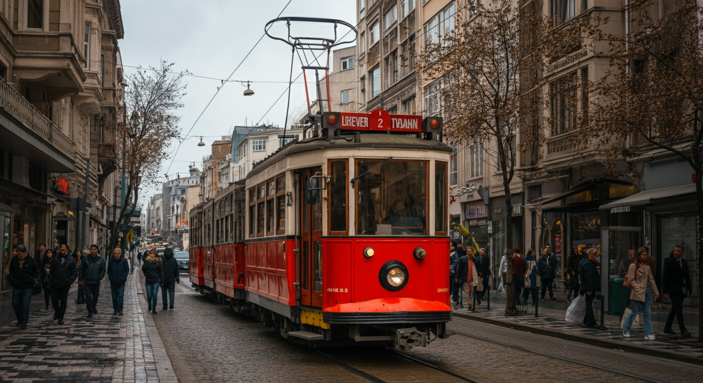 The modern red tram in Istanbul Istiklal street passing by
