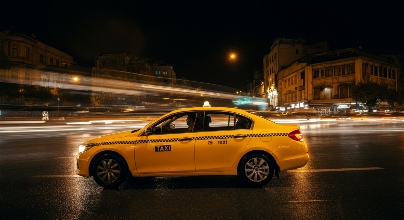 A yellow taxi in Istanbul traffic