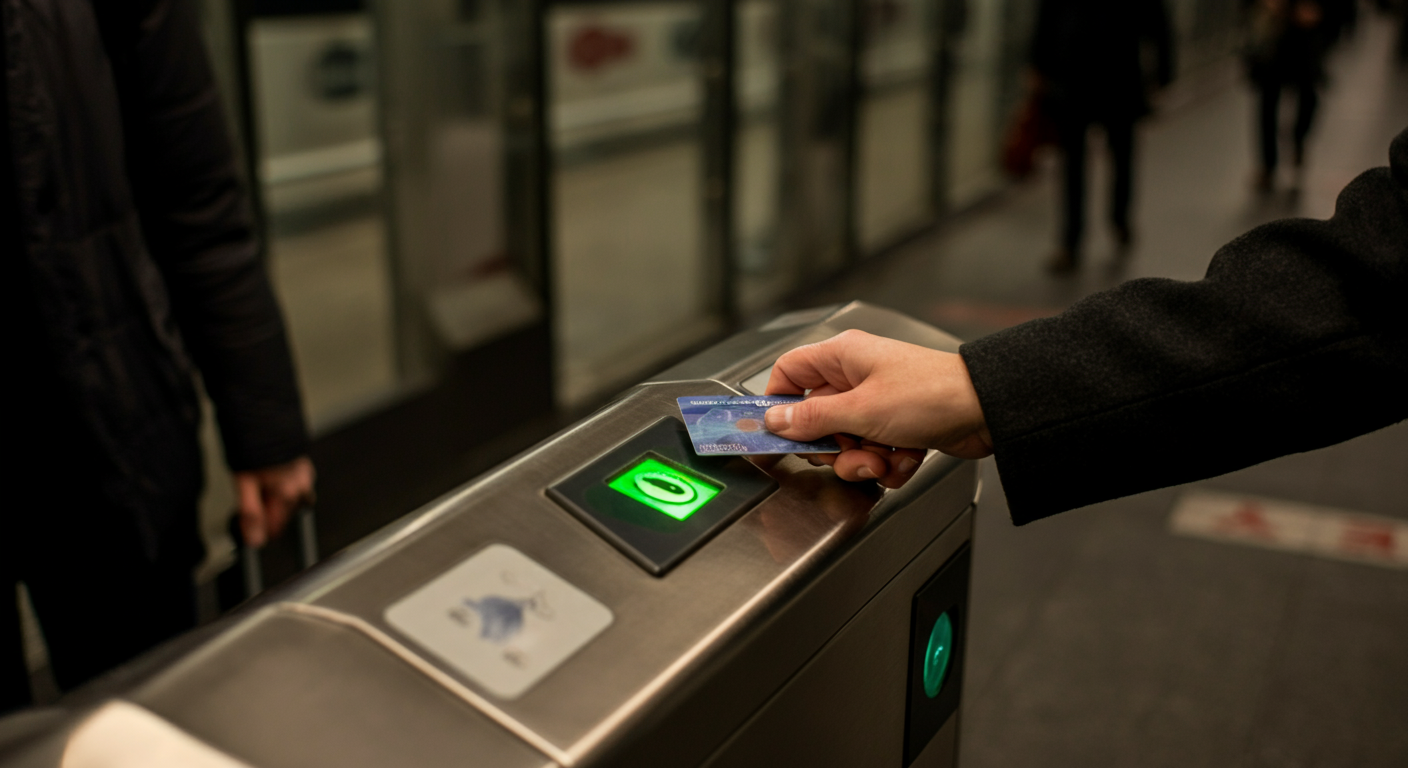 A tourist using an Istanbulkart at a metro turnstile