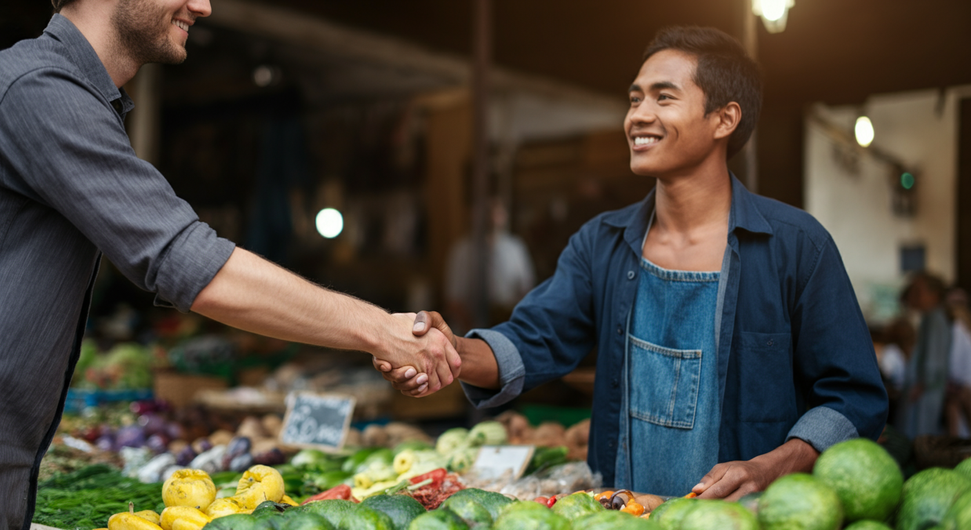 A warm handshake between a tourist and a market seller after a deal. Positive, respectful connection. Hands consistent with adult age. Authentic cultural exchange moment.