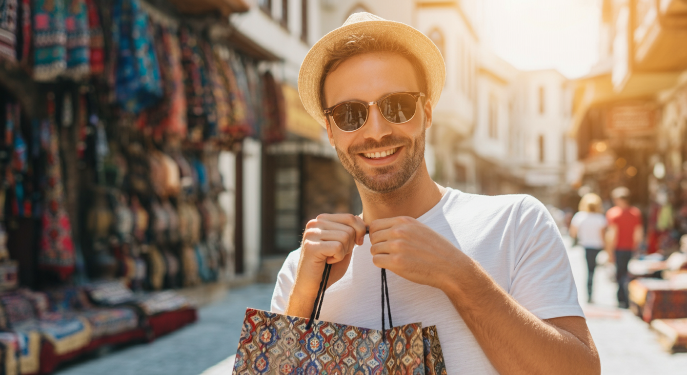 A happy tourist holding a shopping bag (traditional patterns maybe) in a sunny Turkish bazaar street. Looking satisfied with a purchase. Authentic, simple travel joy.