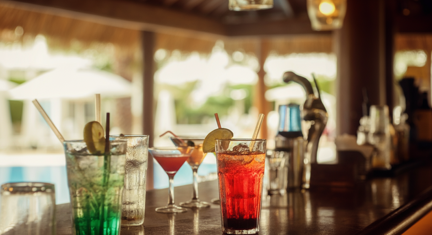 Close up of a resort bar counter with various colourful drinks in crystal glasses
