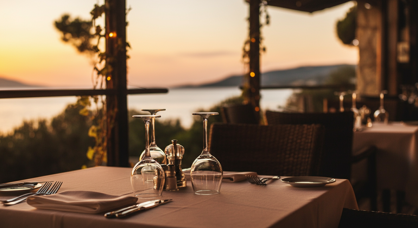 A beautifully set table at an A la Carte restaurant by the sea at sunset