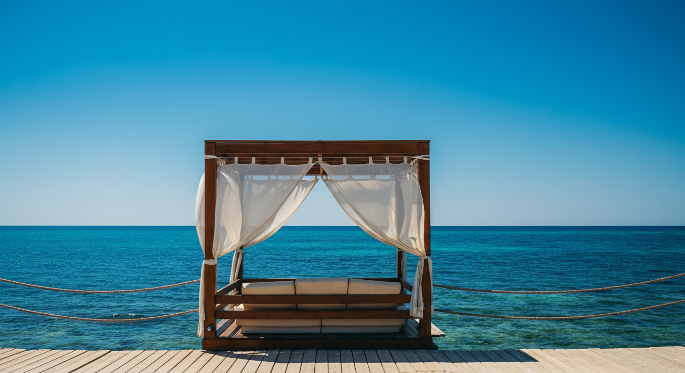 A private wooden beach cabana with white curtains on a pier over blue water