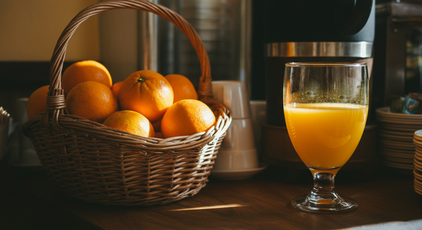 Freshly squeezed orange juice stand at a hotel breakfast