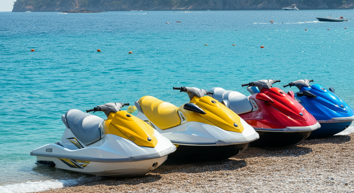 Jet skis lined up on a sunny pebble beach in Turkey