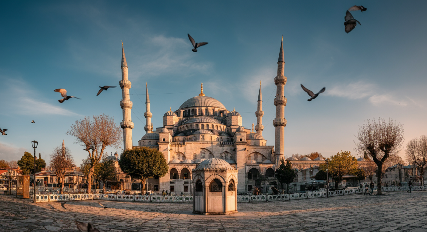 Wide angle view of a historic mosque in Istanbul (like Blue Mosque style) with soft morning light. Birds flying, peaceful atmosphere. Authentic travel photography. High resolution.