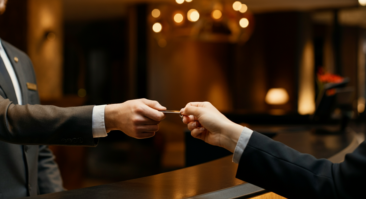 A close-up over-the-shoulder shot of a hotel receptionist's hand handing a key card to a guest. Warm, welcoming hotel lobby lighting. Blurred background of a stylish hotel interior. Authentic, candid moment. Highly realistic textures and skin tones.