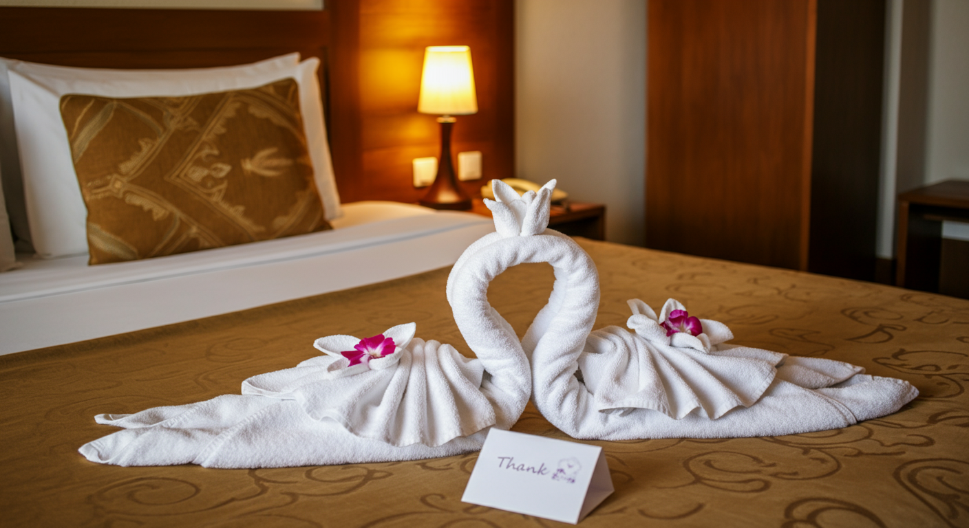 A tidy hotel bed with a simple, cute towel art (swan or flower) and a small 'thank you' note. Clean, bright room. Authentic resort detail. Welcoming touch.