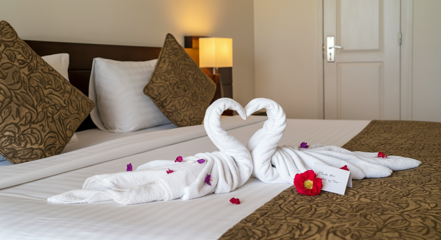 A neat hotel bed with a simple towel art decoration and a small 'thank you' note or tip left on the pillow. Bright, clean hotel room. Authentic resort detail. Welcoming vibe.