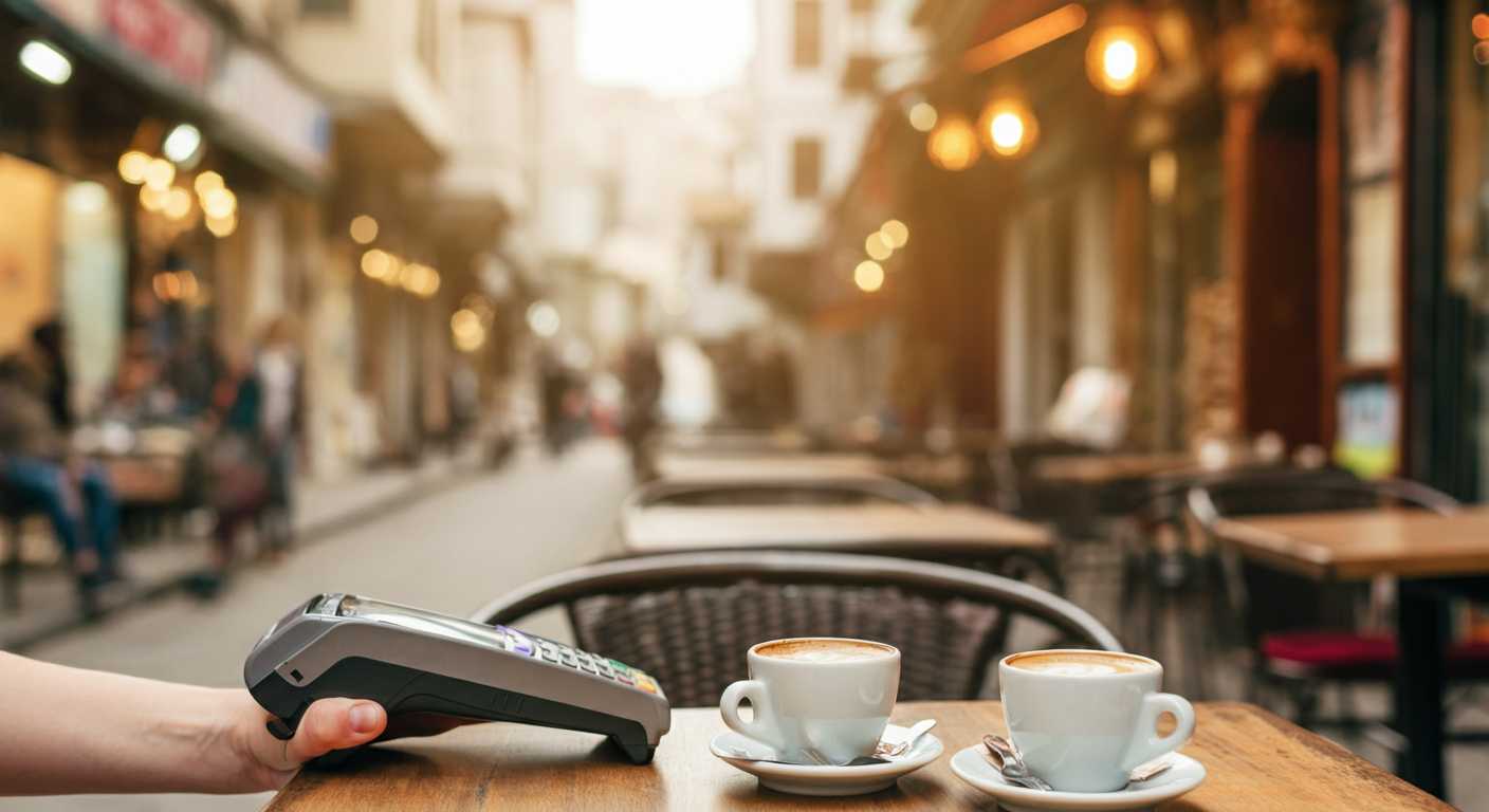 A tourist paying for two coffees at a charming Istanbul cafe. Card terminal, cups on table. Vibrant city atmosphere in background but blurred. Authentic travel lifestyle.