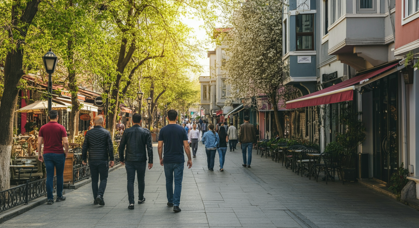 People walking comfortably in a trendy Istanbul neighbourhood in May. Light jackets or t-shirts, sunny but soft light. Green trees, outdoor cafe tables. Authentic city break vibe.