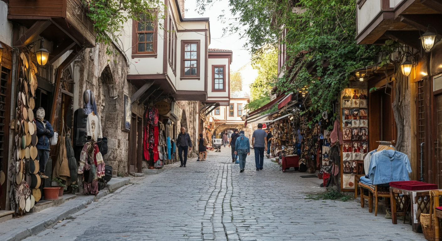A charming street in a Turkish city neighbourhood (like Istanbul or Antalya Old Town). People walking casually, local shops. 'Local vibe' over 'tourist rush'. Authentic travel scene.