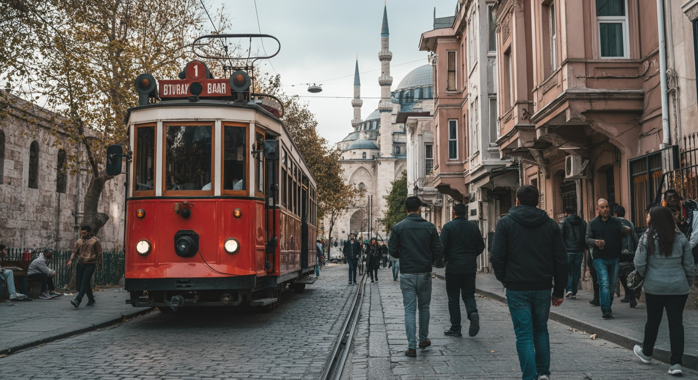 A lively street in Istanbul in November. People walking in light coats and jackets. A tram passing or a view of a mosque. Urban, cultural, authentic travel vibe.