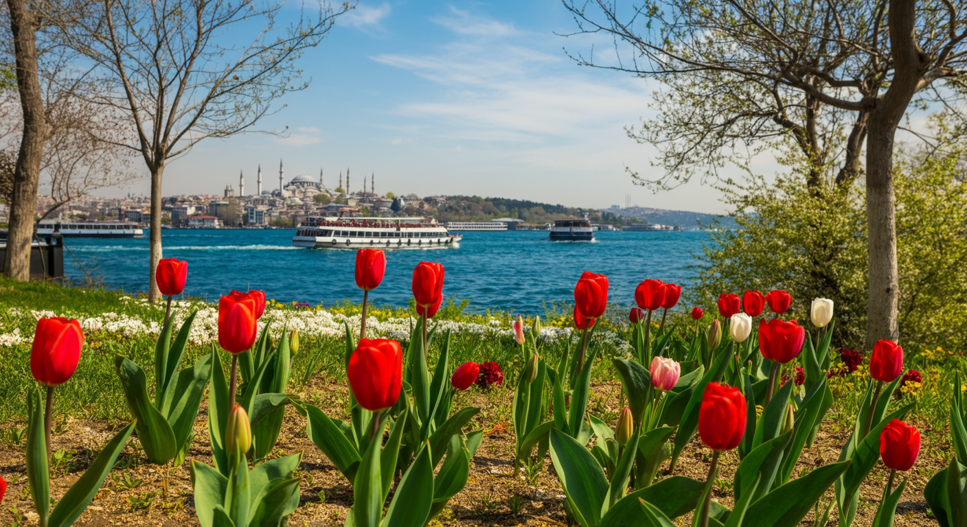 A beautiful spring day in Istanbul. Bosphorus view with tulips in the foreground. Mild weather, soft sunlight. Authentic travel photo. Not crowded.