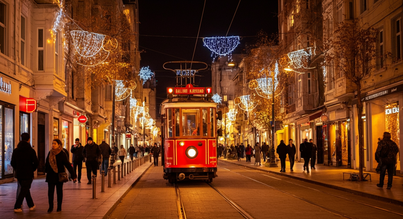 A red tram on Istiklal Street or similar in Istanbul in winter. Holiday lights or winter decorations. People walking in winter clothing. Lively, cultural atmosphere. Authentic travel photography.