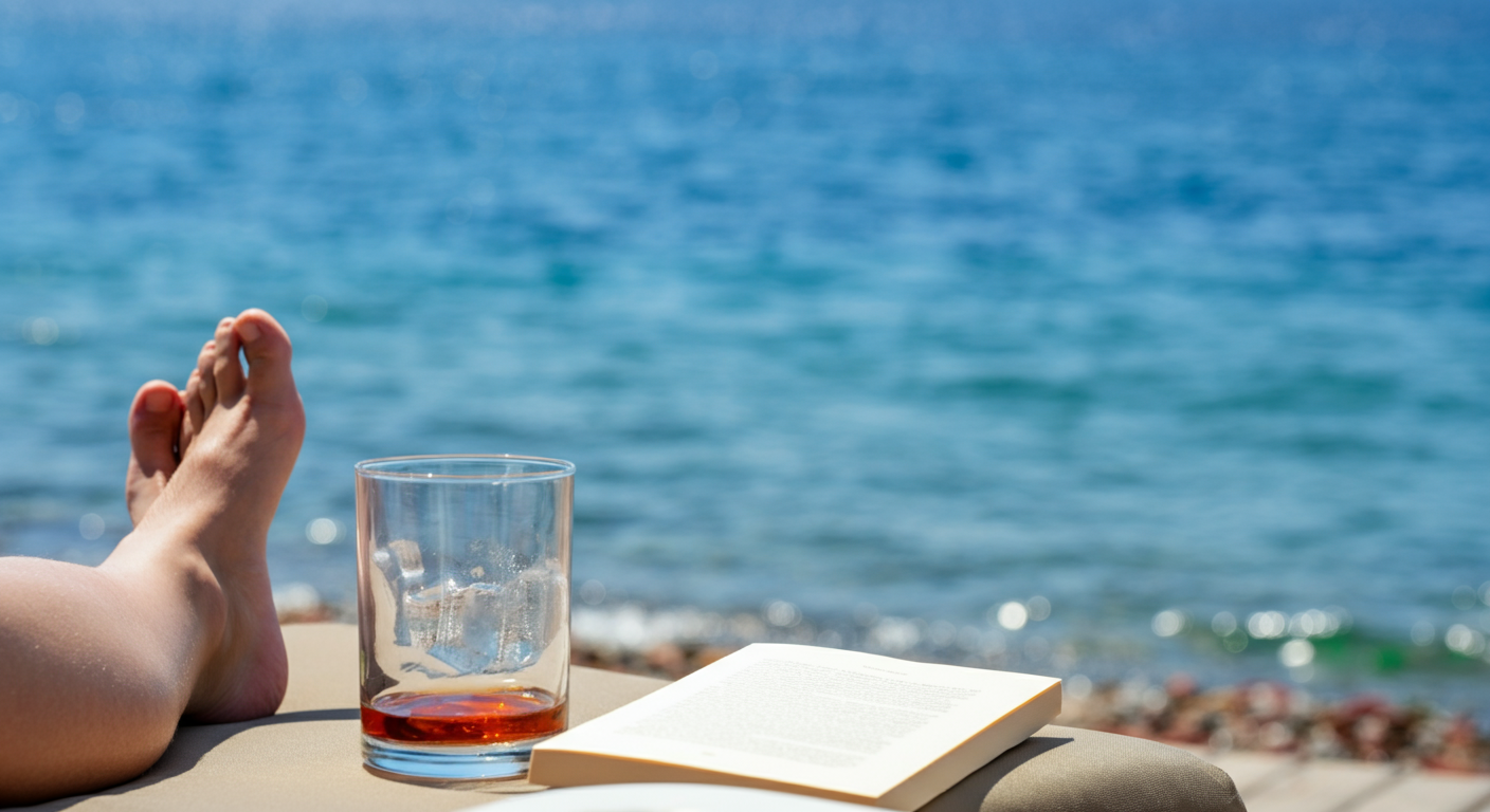 A relaxed point-of-view shot from a sun lounger or seaside cafe in Turkey. Cold drink, book, blue sea in background. Authentic holiday relaxation vibe. Shallow depth of field.