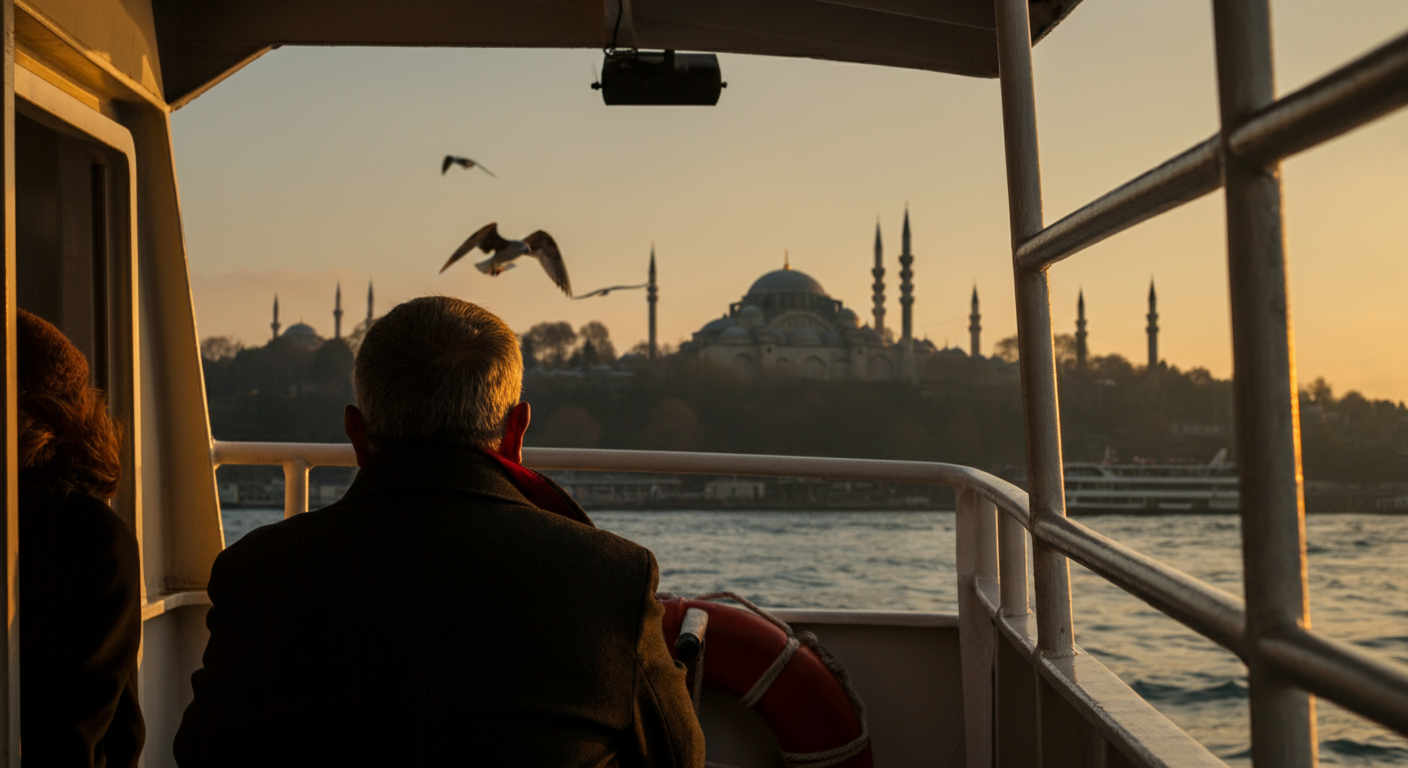 A candid shot from the back of an Istanbul ferry in Bosphorus. Seagulls flying. Silhouette of mosques in background. Golden hour light. Authentic commuter/travel moment.