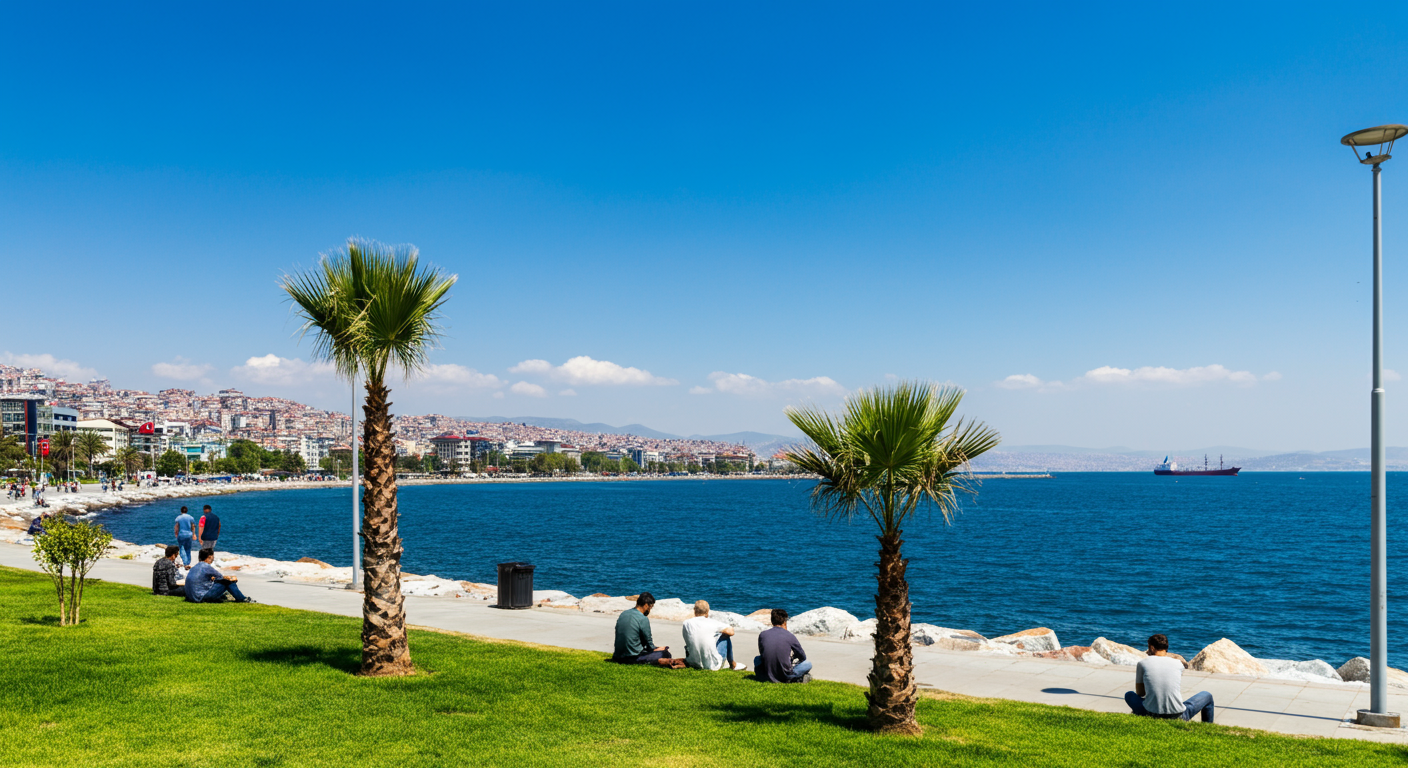 The Kordon seafront promenade in Izmir Alsancak. People sitting on grass, walking by the sea. Relaxed city atmosphere. Aegean Sea view with ships. Authentic travel photography. Bright day.