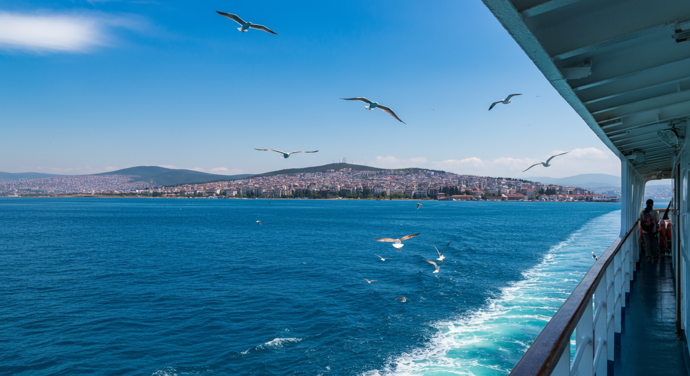 View from an Izmir ferry looking towards Karsiyaka. Blue sea, seagulls, city skyline in background. Authentic commute. Bright sunny day. Realistic.