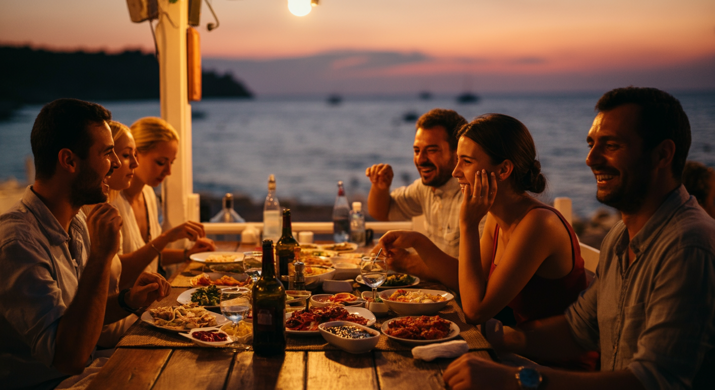 An outdoor evening dinner setting in a Turkish coastal town. Warm sunset light. People laughing, eating fresh food. Relaxed summer evening atmosphere. Authentic lifestyle photo.