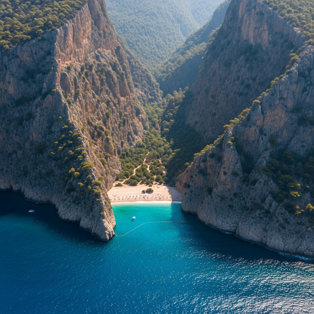Kelebekler Vadisi'nin devasa iki kaya arasından turkuaz denize açıldığı ve plajın havadan çekilmiş muazzam manzarası