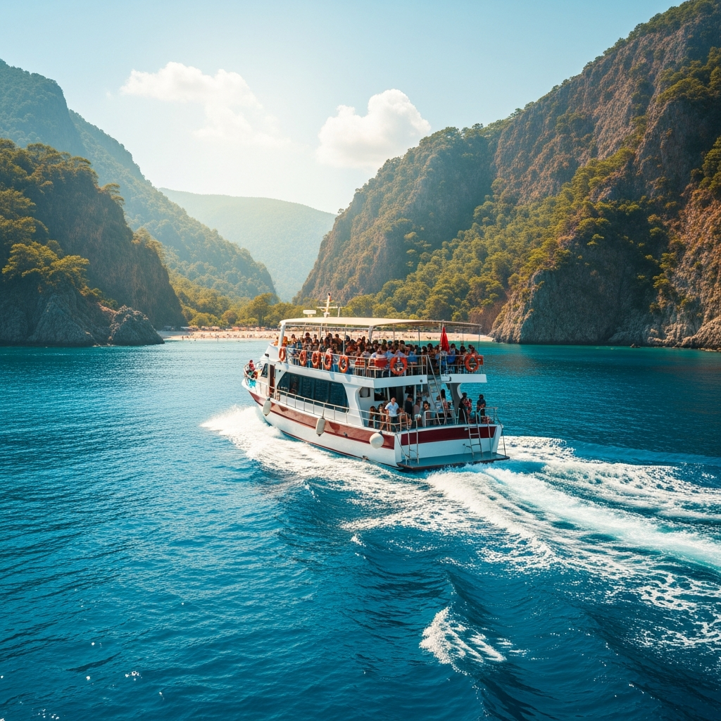 Ölüdeniz'den Kelebekler vadisi plajına doğru yaklaşan yolcu teknesi ve turkuaz deniz suyu