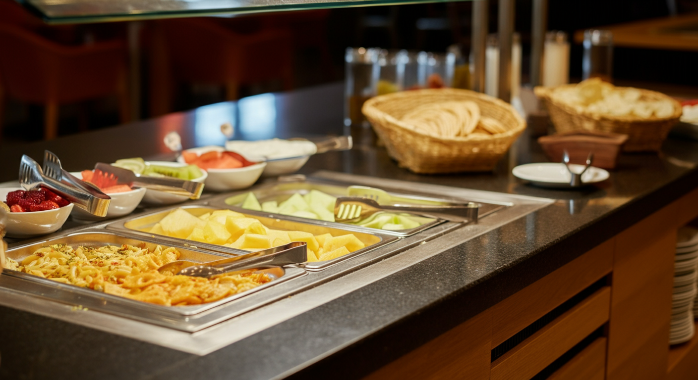 A section of a hotel buffet with kid-friendly food options (pasta, fruit, simple snacks). Bright, clean, appetizing. Authentic food photography style. No plastic fake food look.