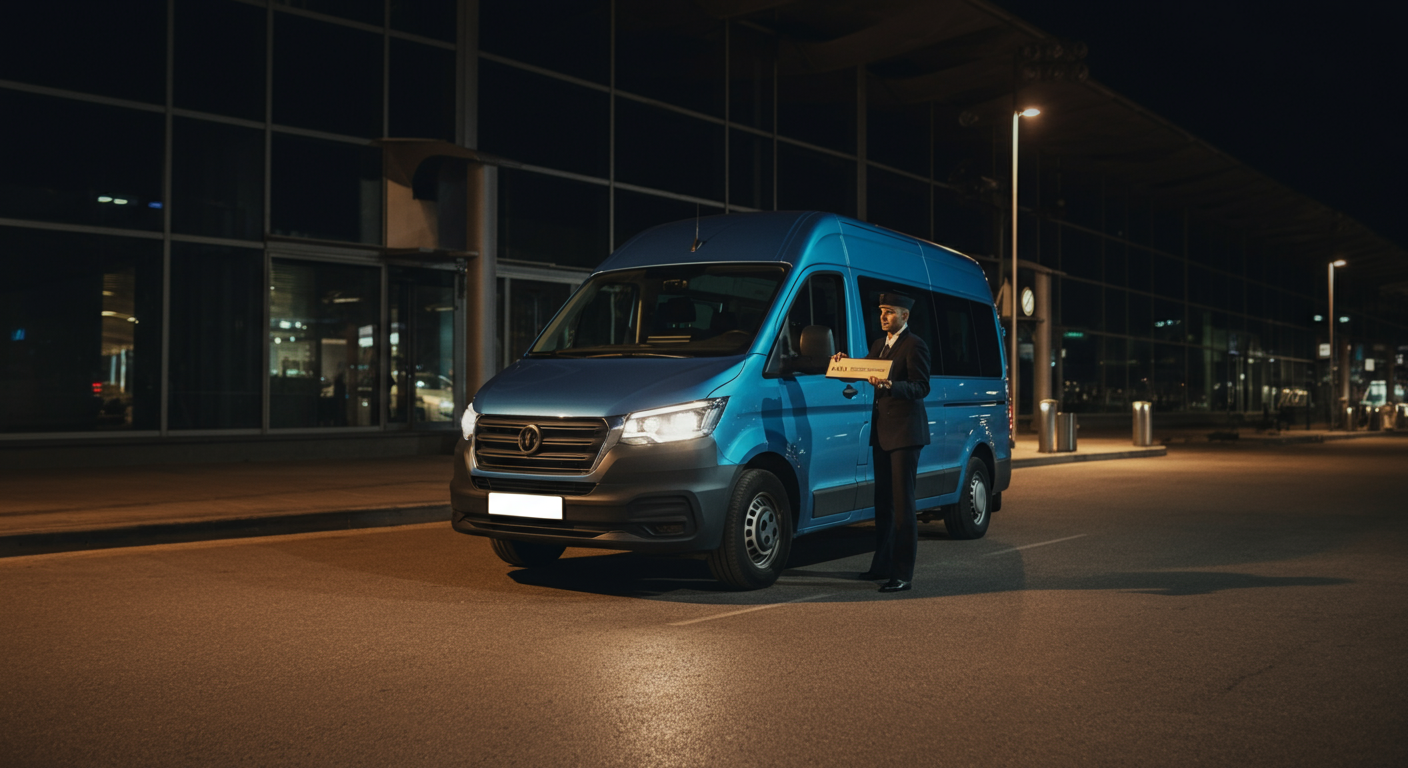 A private transfer van waiting at night outside Antalya airport terminal