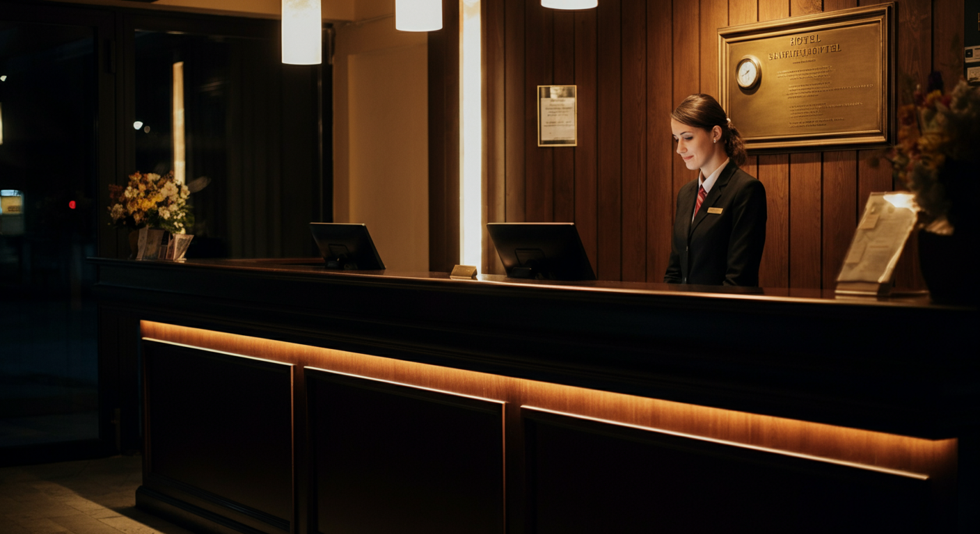 A calm hotel reception desk at night