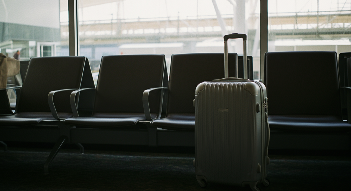 A quiet airport lounge with a coffee and a suitcase