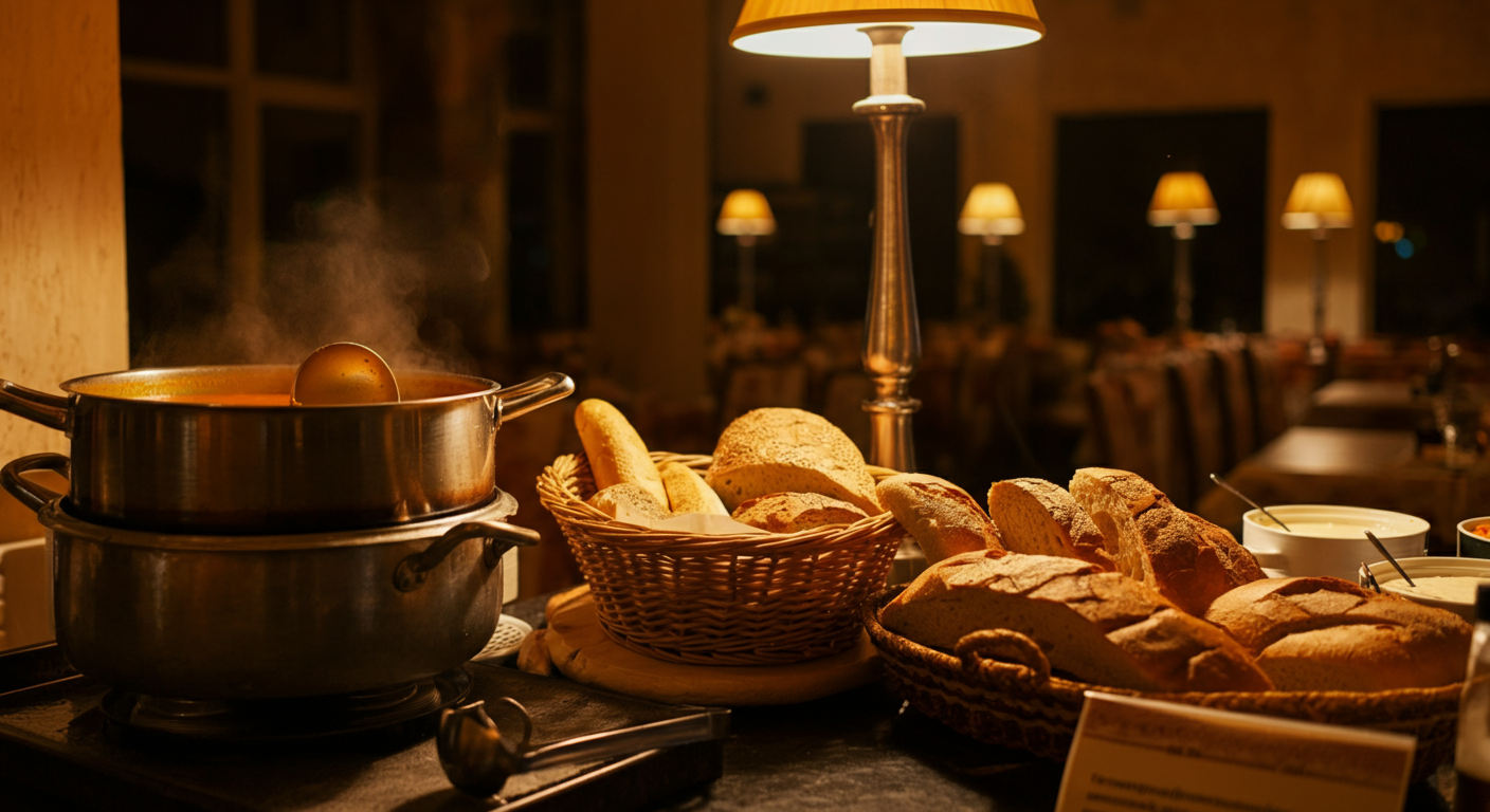 A cozy late-night buffet station in a Turkish hotel. Traditional Turkish soup (corba) in a ladle, fresh bread basket. Soft warm lighting. Quiet atmosphere, 1am vibe. Comfort food.