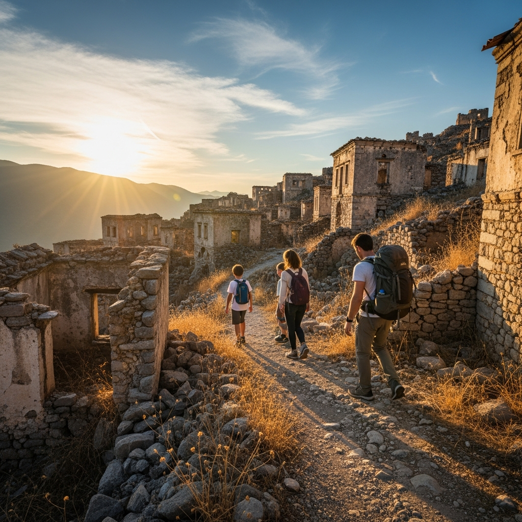 Sırt çantalı turist ailenin Hayalet köy taş evleri arasından geçen çok hafif toprak patika rotası