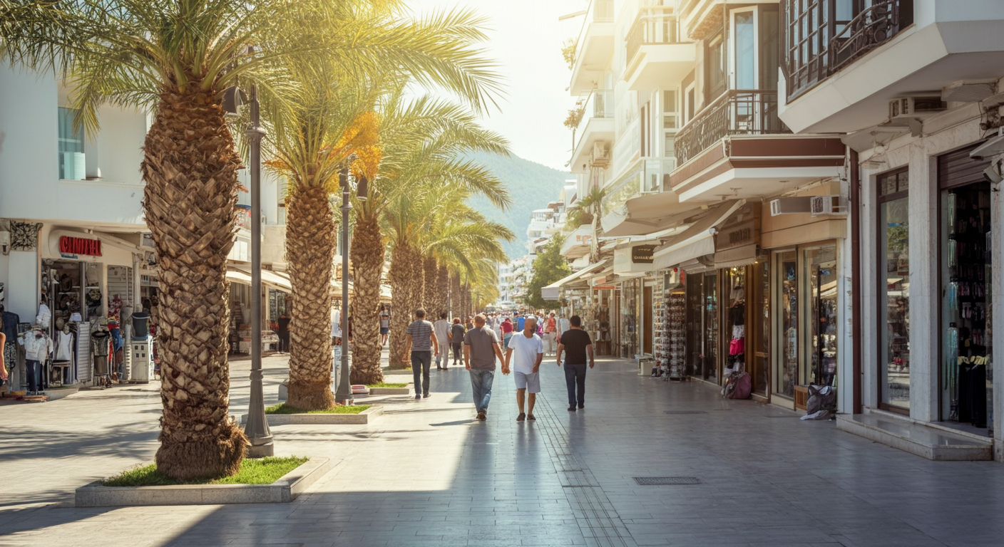 A lively pedestrian street in Marmaris centre. Palm trees, shops, people walking. Sunny afternoon atmosphere. Authentic street photography. Depth of field.