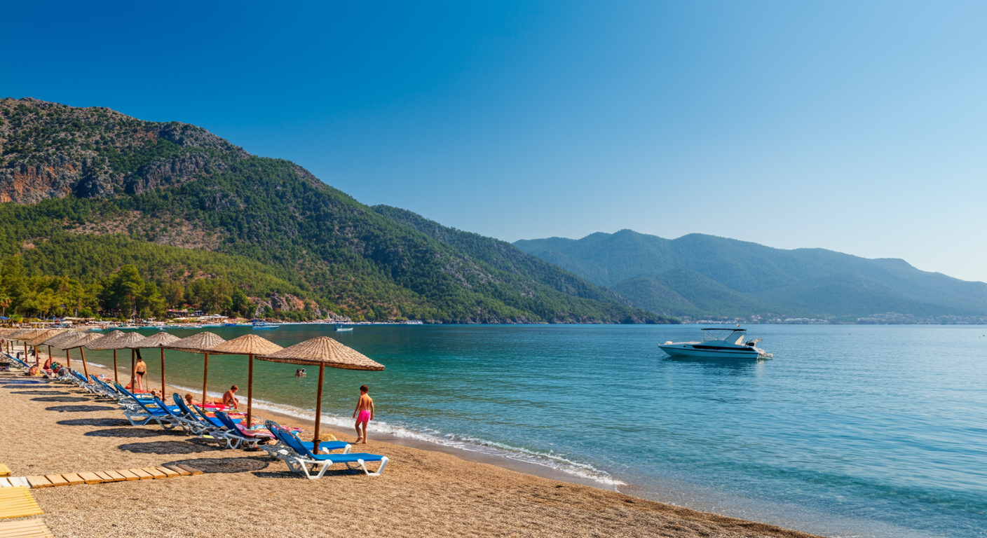 A relaxed beach scene in Icmeler, Marmaris. Calm water, mountains close to shore. Families relaxing. Soft morning light. Authentic holiday vibe. Realistic textures.