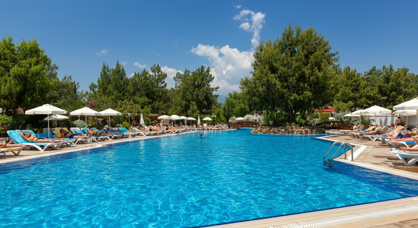 A vibrant scene at a Mediterranean resort pool in Turkey. Sunshines, blue water, people relaxing on loungers. Classic peak summer holiday vibe. Authentic, bright, and inviting.