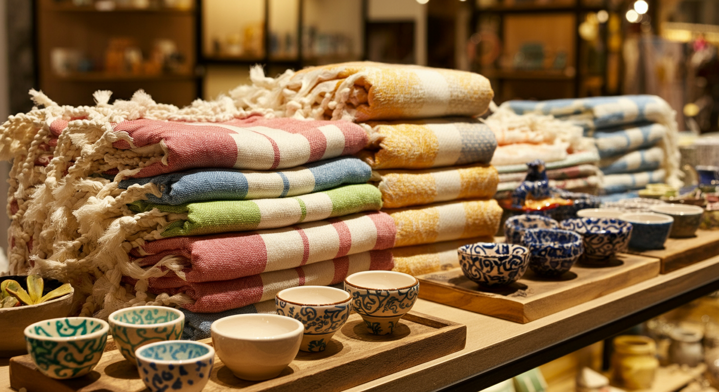 A beautiful display of modern Turkish souvenirs: colourful towels (pestemal) and small ceramic bowls. Stylish, neat arrangement in a boutique. Authentic, high quality. Not cluttered.