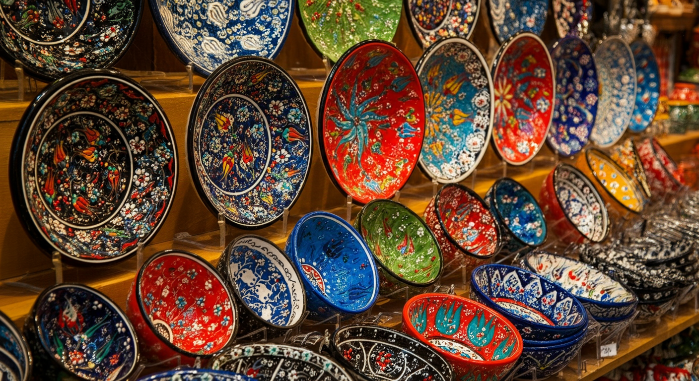 A vibrant display of modern Turkish ceramics (bowls, plates) in a shop. Colorful, detailed patterns. Authentic market vibe, but clearly modern goods (not antiques). Shallow depth of field.